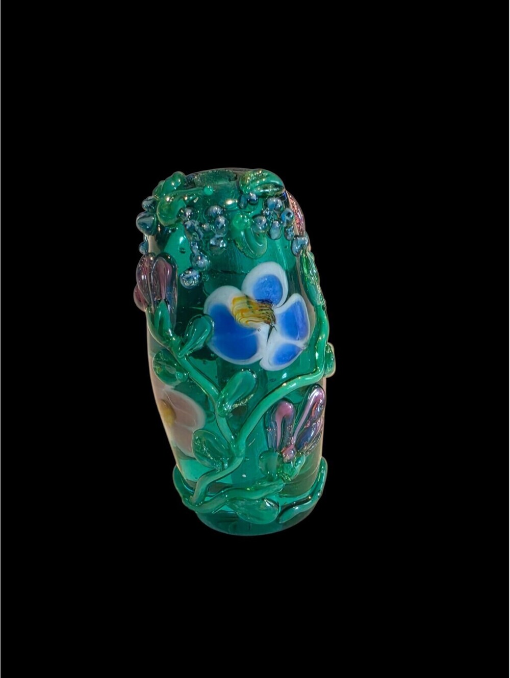 Artisan Lampwork Glass Focal Bead Teal 3D Floral Blue Flowers Green Vines 37mm